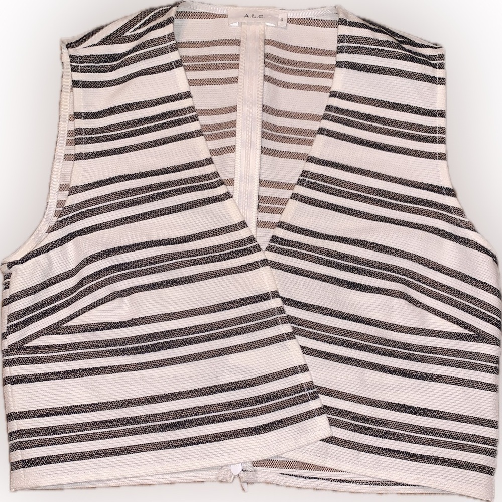 ALC Structured Cream Black Woven Stripes Asymmetrical Sleeveless Crop Top 0